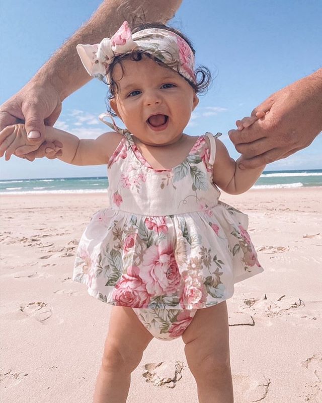 Baby Girls Flower Bow Print Dresses Headwear