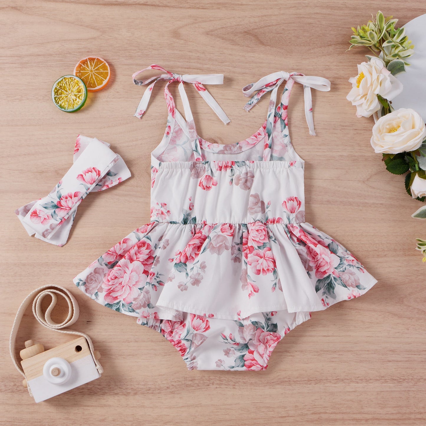 Baby Girls Flower Bow Print Dresses Headwear