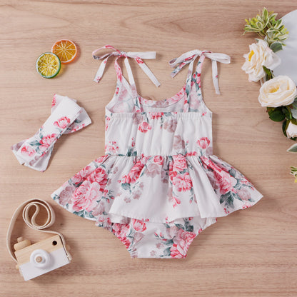 Baby Girls Flower Bow Print Dresses Headwear