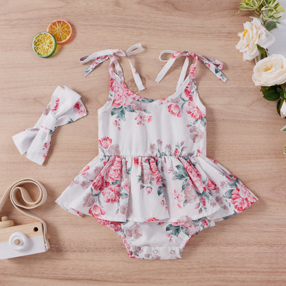 Baby Girls Flower Bow Print Dresses Headwear