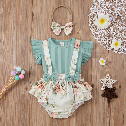 3 Pieces Set Baby Girls Tops Flower Rompers And Bow Headwear