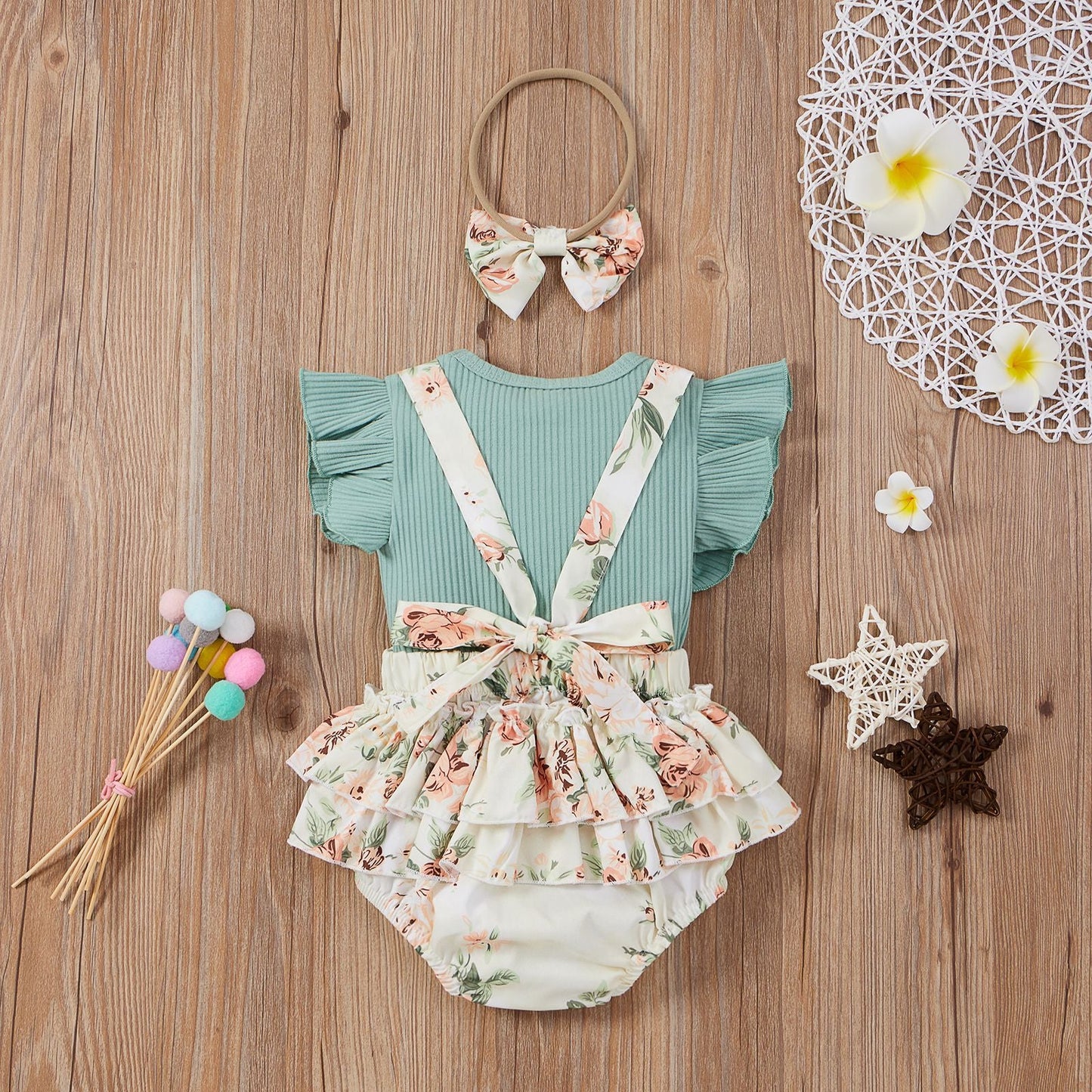 3 Pieces Set Baby Girls Tops Flower Rompers And Bow Headwear