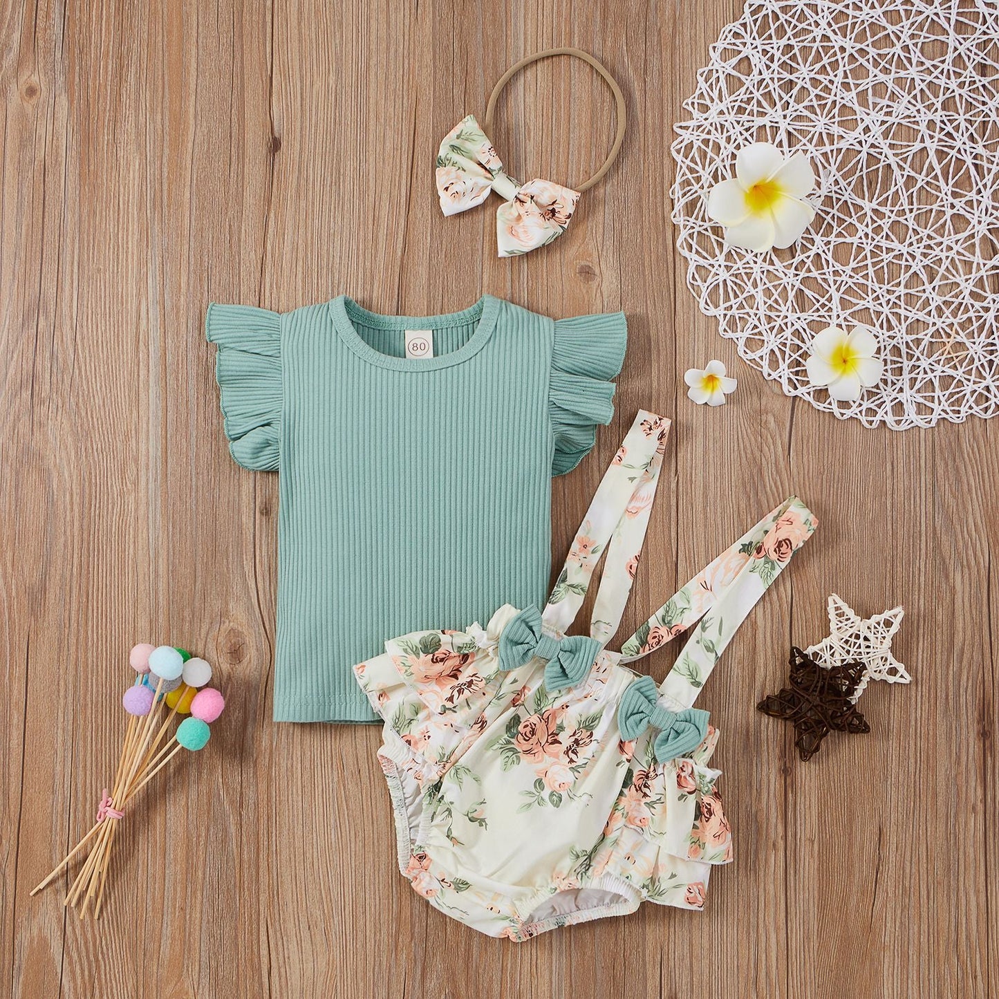 3 Pieces Set Baby Girls Tops Flower Rompers And Bow Headwear
