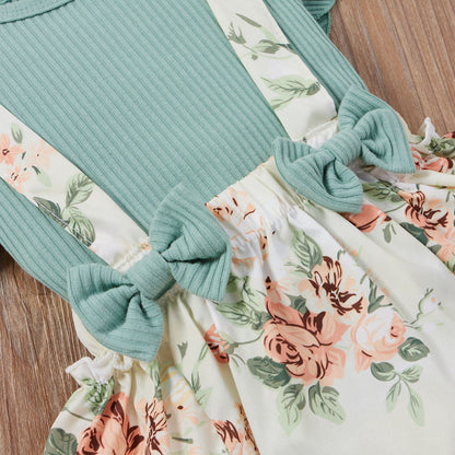 3 Pieces Set Baby Girls Tops Flower Rompers And Bow Headwear