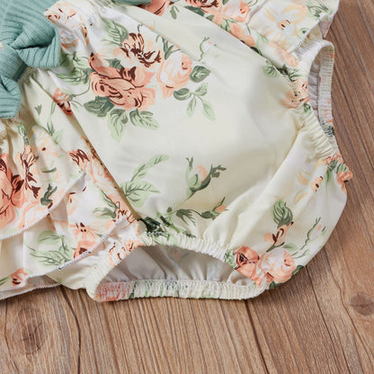 3 Pieces Set Baby Girls Tops Flower Rompers And Bow Headwear
