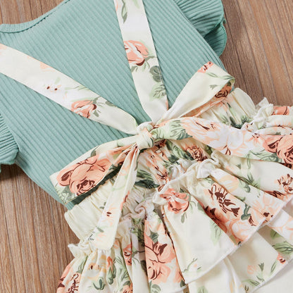 3 Pieces Set Baby Girls Tops Flower Rompers And Bow Headwear