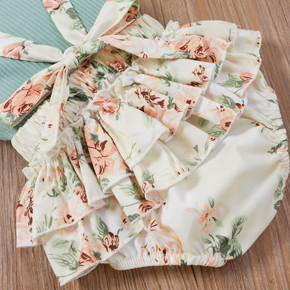 3 Pieces Set Baby Girls Tops Flower Rompers And Bow Headwear