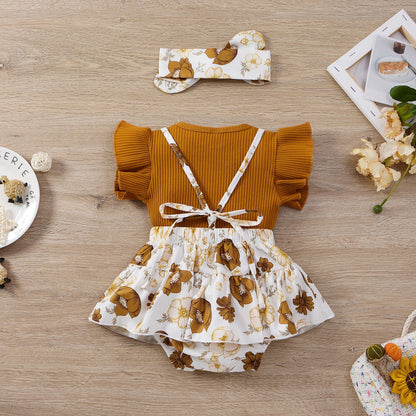 3 Pieces Set Baby Girls Skirts Solid Color Tops And Headwear