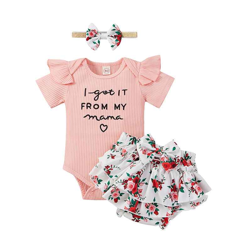3 Pieces Set Baby Girls Letters Shorts And Bow Headwear