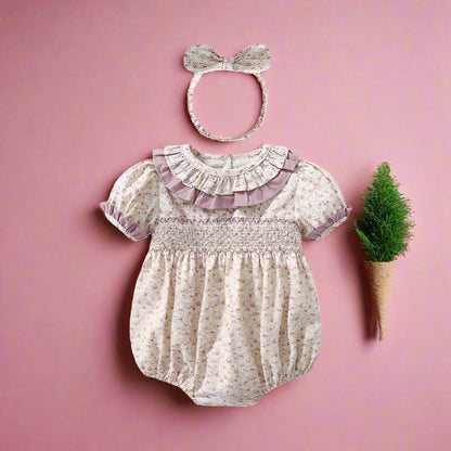 Baby Girls Flower Print Rompers And Accessories Headwear