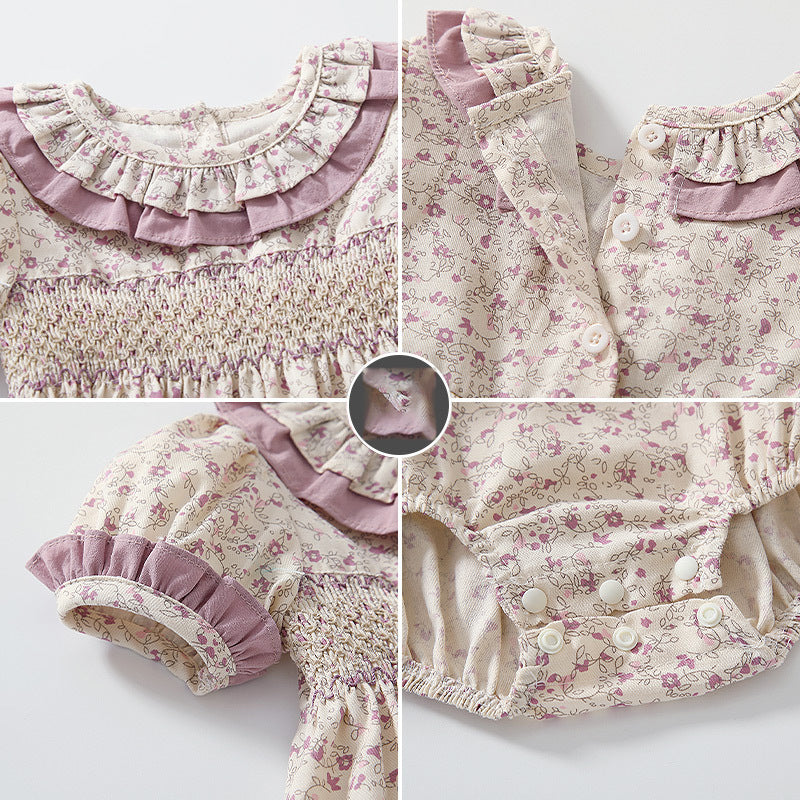 Baby Girls Flower Print Rompers And Accessories Headwear