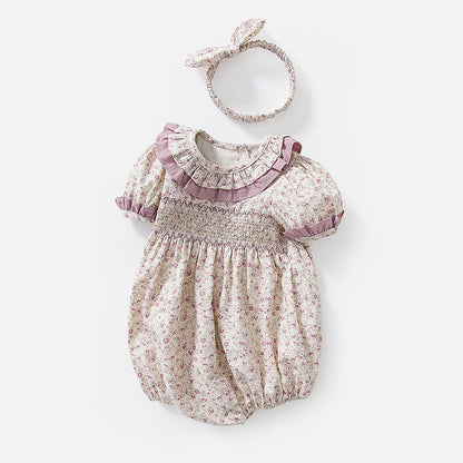 Baby Girls Flower Print Rompers And Accessories Headwear