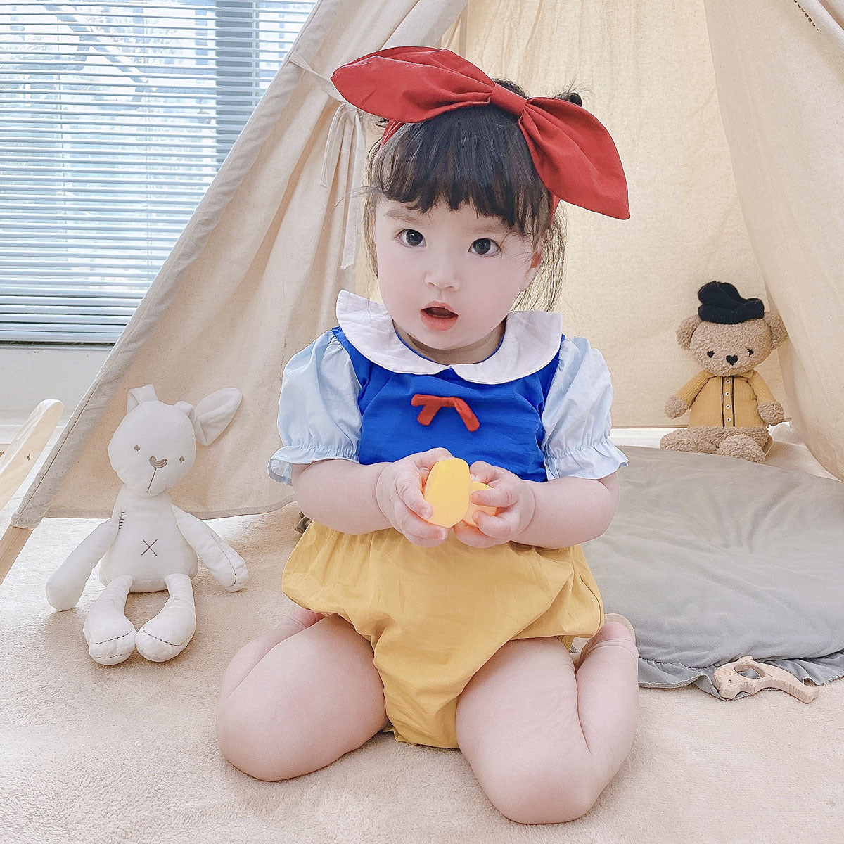 Baby Kid Girls Color-blocking Bow Rompers Headwear