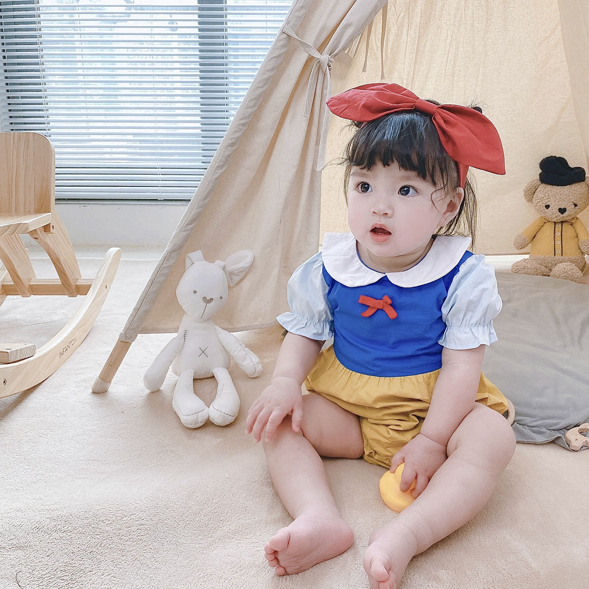 Baby Kid Girls Color-blocking Bow Rompers Headwear