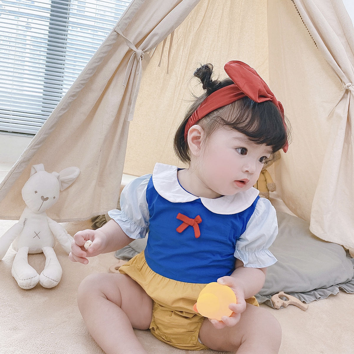 Baby Kid Girls Color-blocking Bow Rompers Headwear