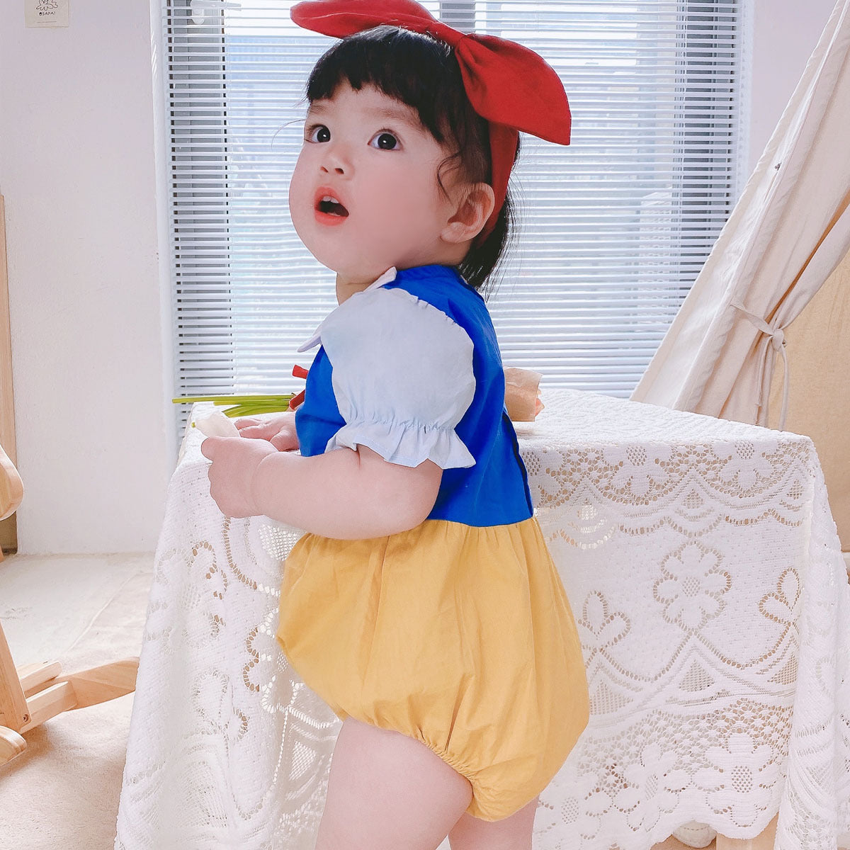 Baby Kid Girls Color-blocking Bow Rompers Headwear