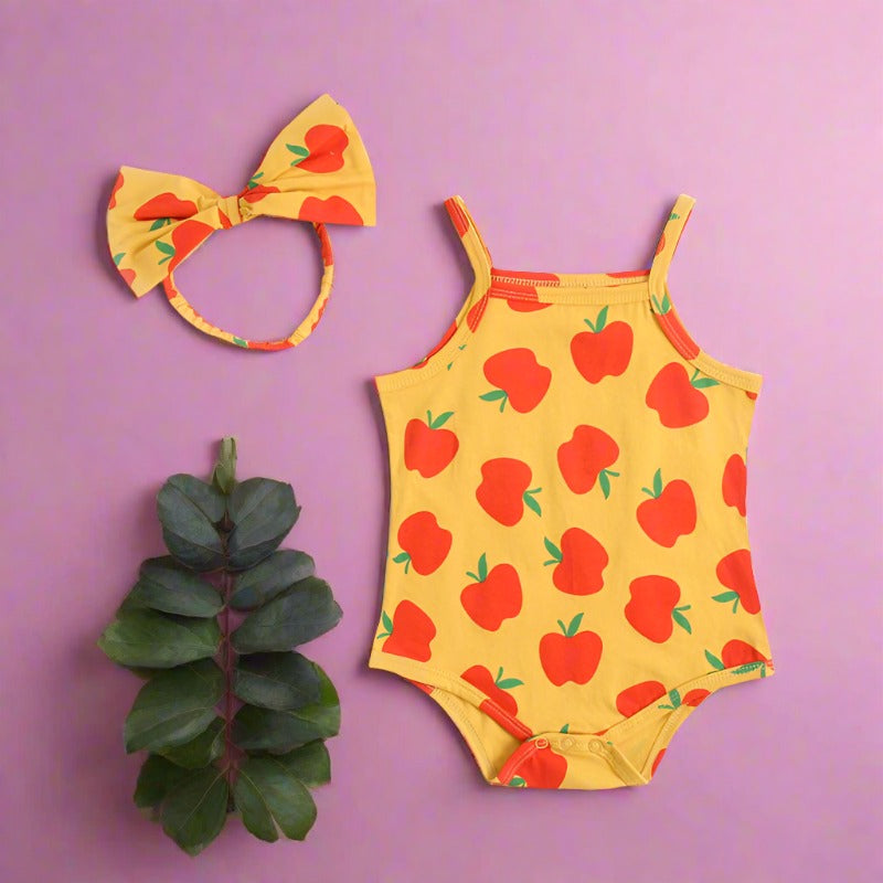 Baby Kid Girls Fruit Print Rompers Bow Headwear