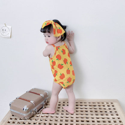Baby Kid Girls Fruit Print Rompers Bow Headwear