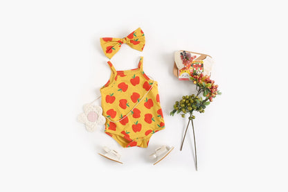 Baby Kid Girls Fruit Print Rompers Bow Headwear