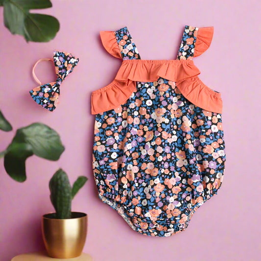 Baby Kid Girls Flower Print Rompers Bow Headwear