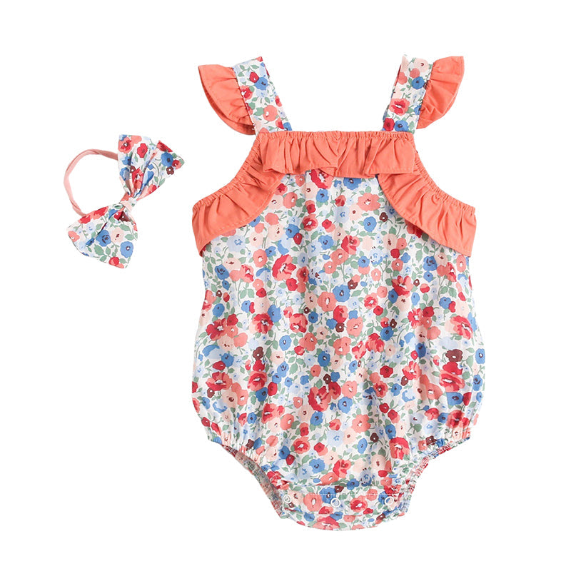 Baby Kid Girls Flower Print Rompers Bow Headwear