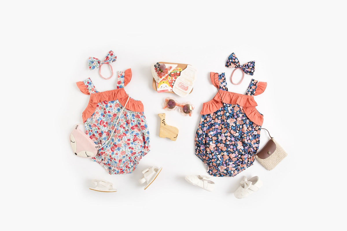 Baby Kid Girls Flower Print Rompers Bow Headwear