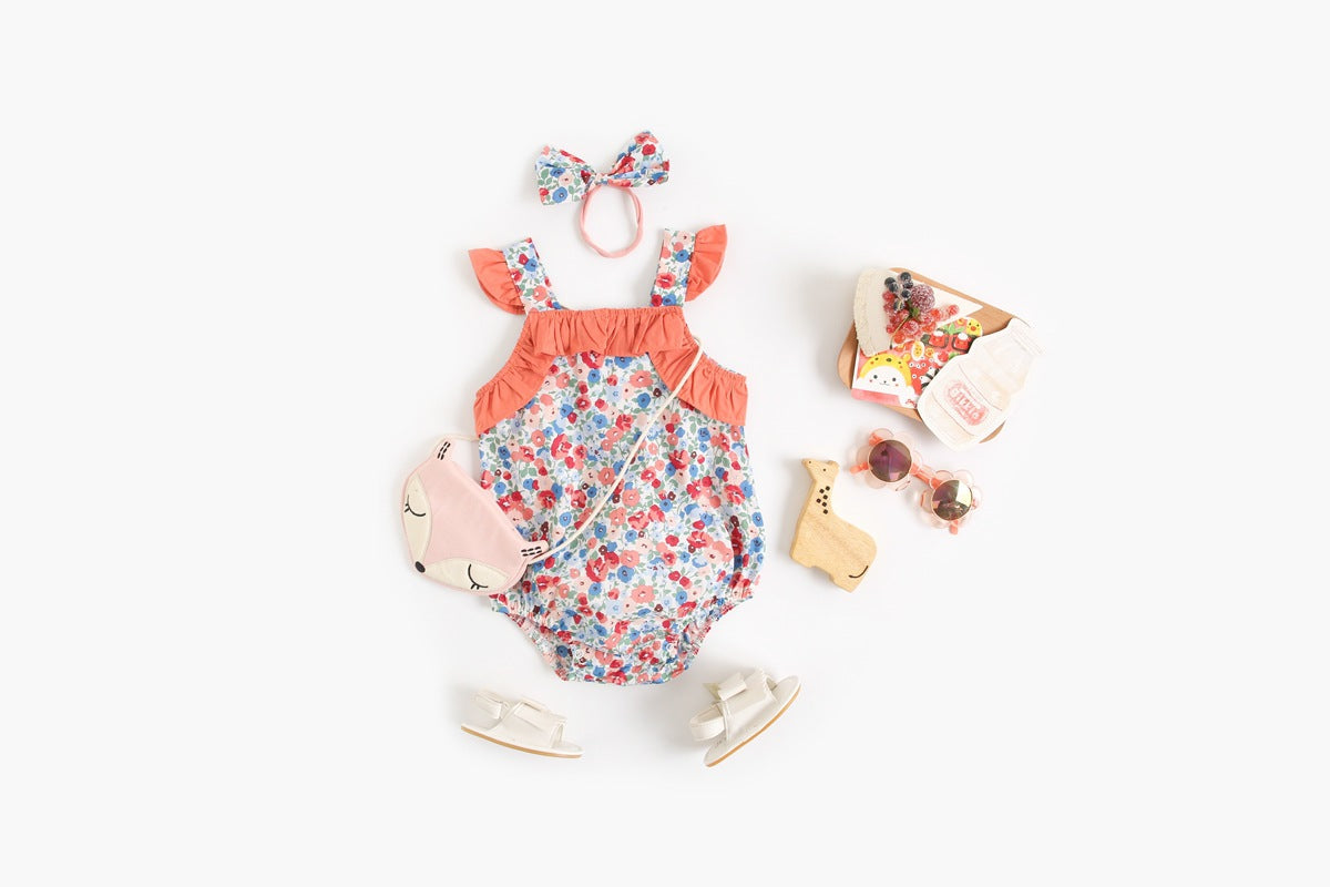 Baby Kid Girls Flower Print Rompers Bow Headwear