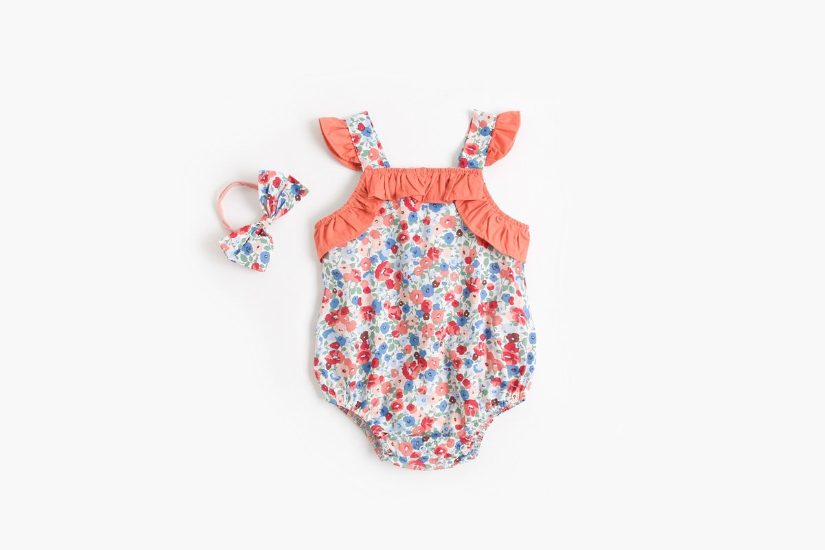 Baby Kid Girls Flower Print Rompers Bow Headwear