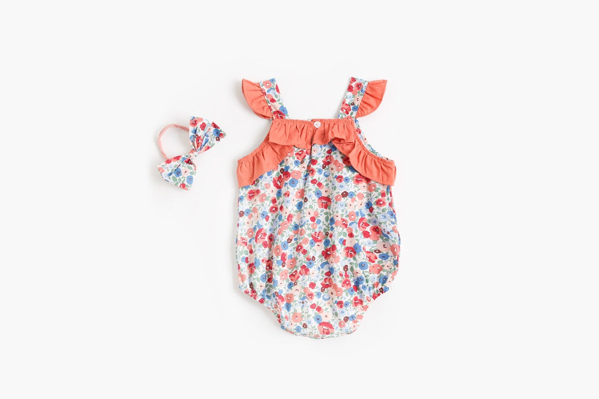 Baby Kid Girls Flower Print Rompers Bow Headwear