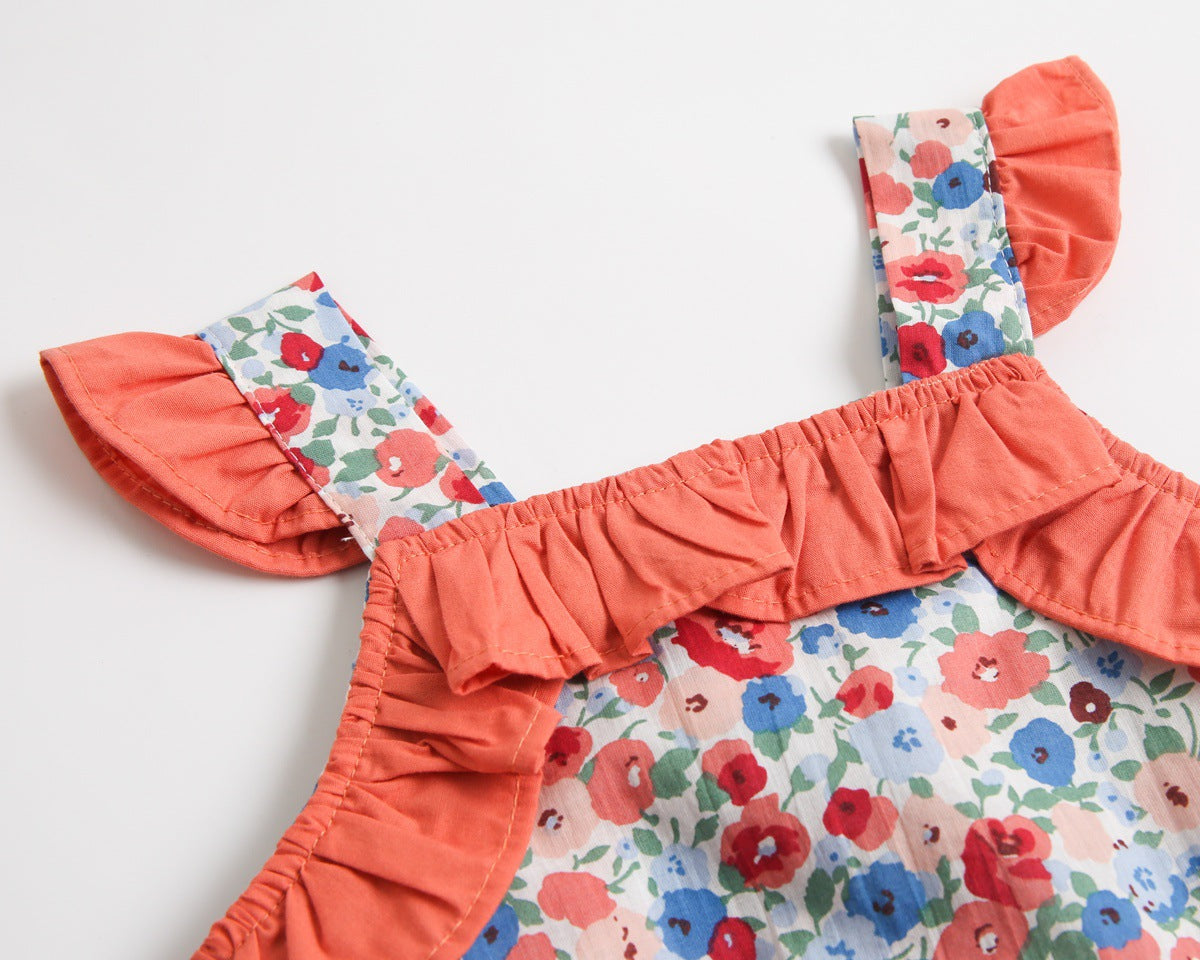 Baby Kid Girls Flower Print Rompers Bow Headwear