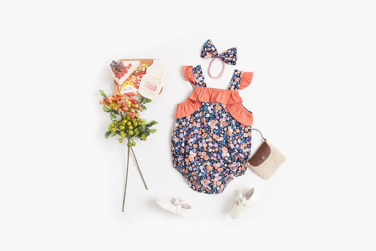 Baby Kid Girls Flower Print Rompers Bow Headwear