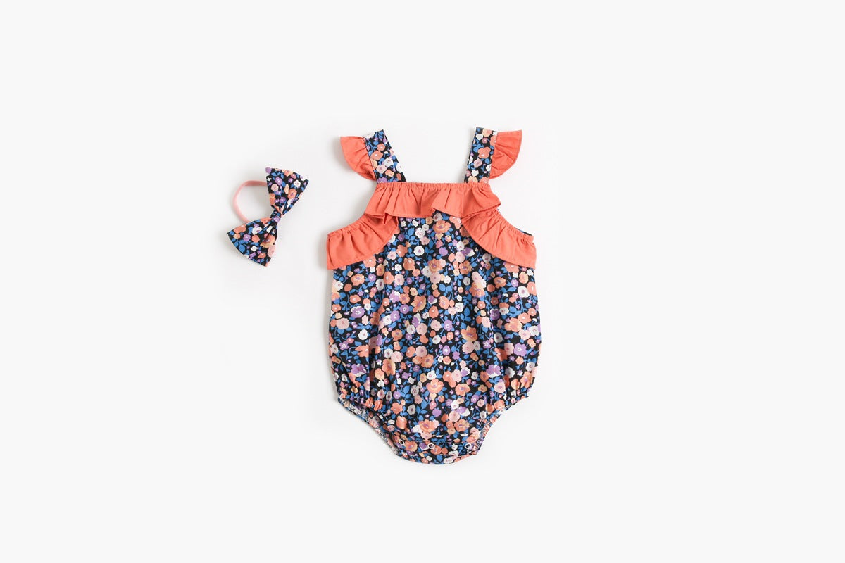 Baby Kid Girls Flower Print Rompers Bow Headwear