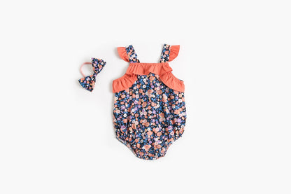 Baby Kid Girls Flower Print Rompers Bow Headwear