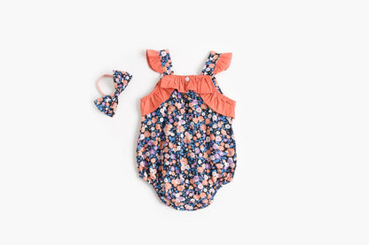Baby Kid Girls Flower Print Rompers Bow Headwear