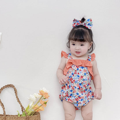 Baby Kid Girls Flower Print Rompers Bow Headwear