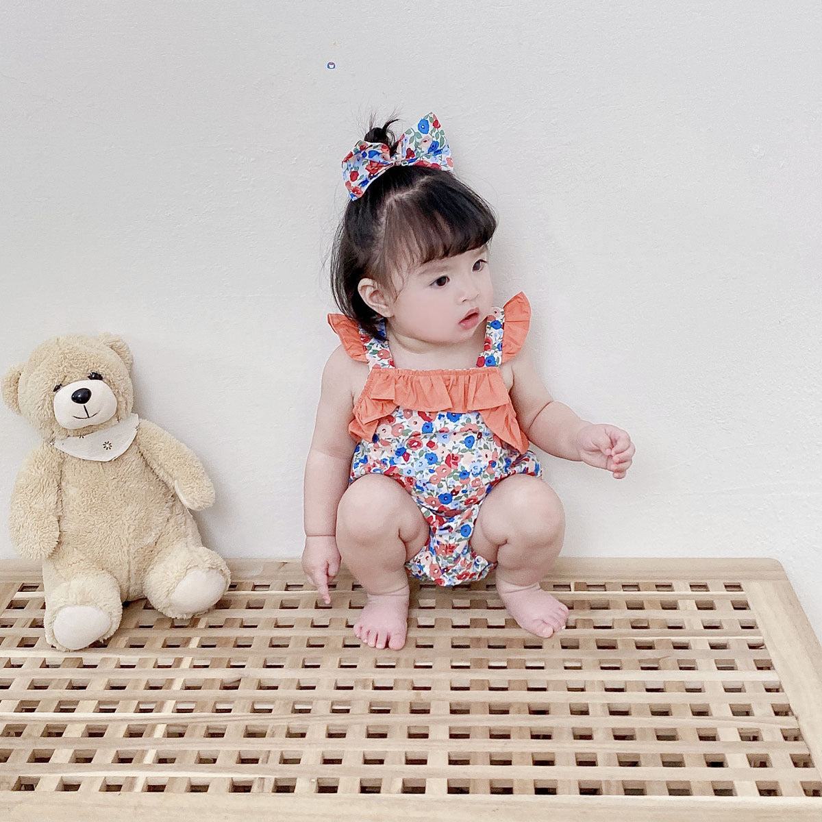 Baby Kid Girls Flower Print Rompers Bow Headwear
