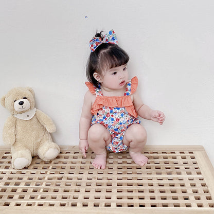 Baby Kid Girls Flower Print Rompers Bow Headwear