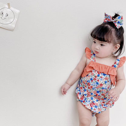 Baby Kid Girls Flower Print Rompers Bow Headwear