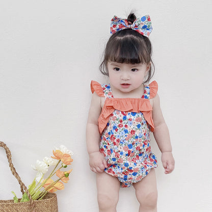 Baby Kid Girls Flower Print Rompers Bow Headwear