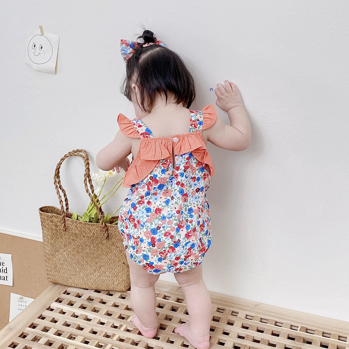 Baby Kid Girls Flower Print Rompers Bow Headwear