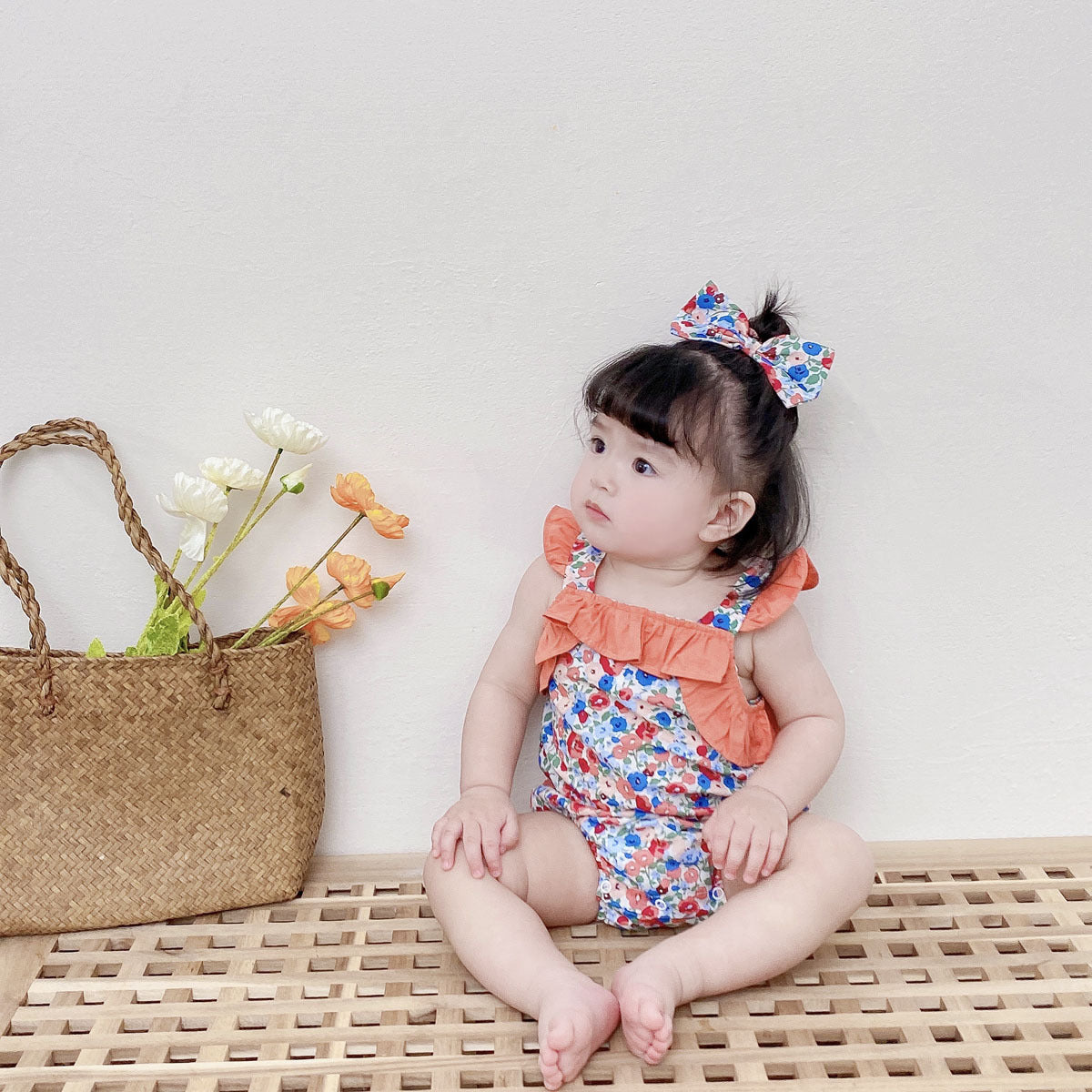Baby Kid Girls Flower Print Rompers Bow Headwear