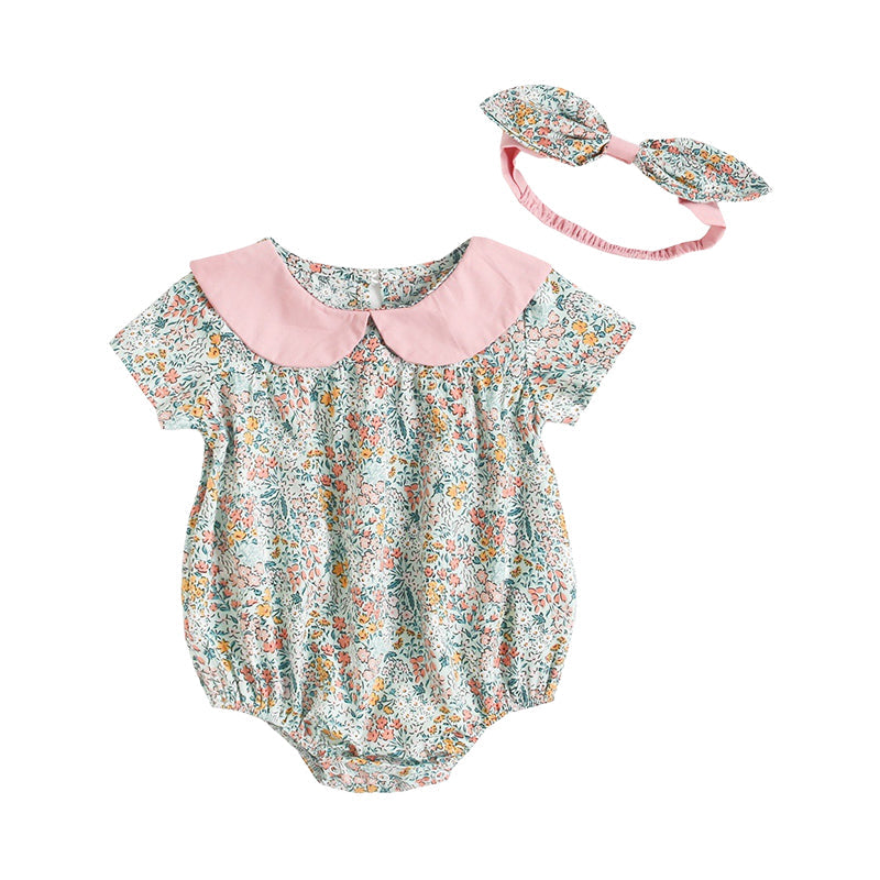 Baby Kid Girls Flower Print Rompers Headwear