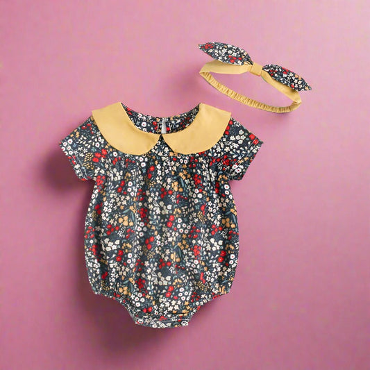 Baby Kid Girls Flower Print Rompers Headwear