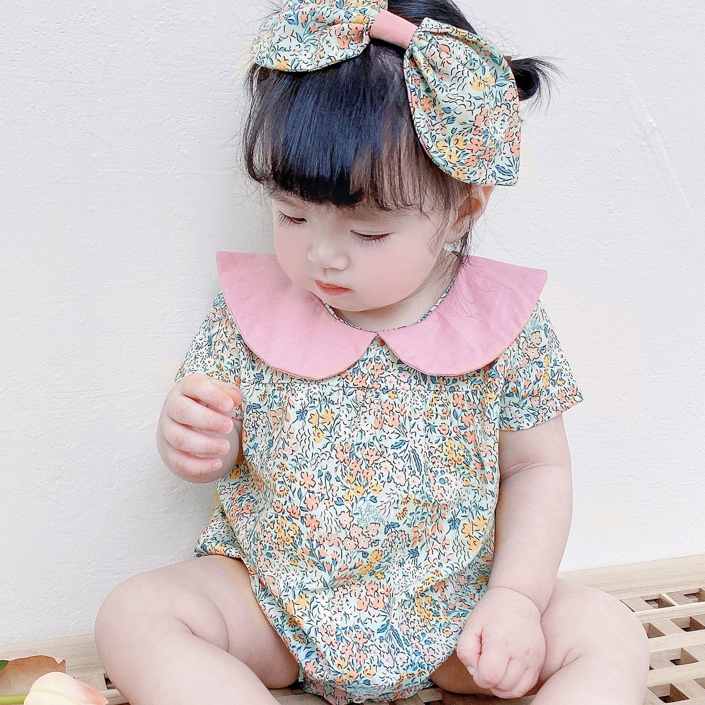 Baby Kid Girls Flower Print Rompers Headwear