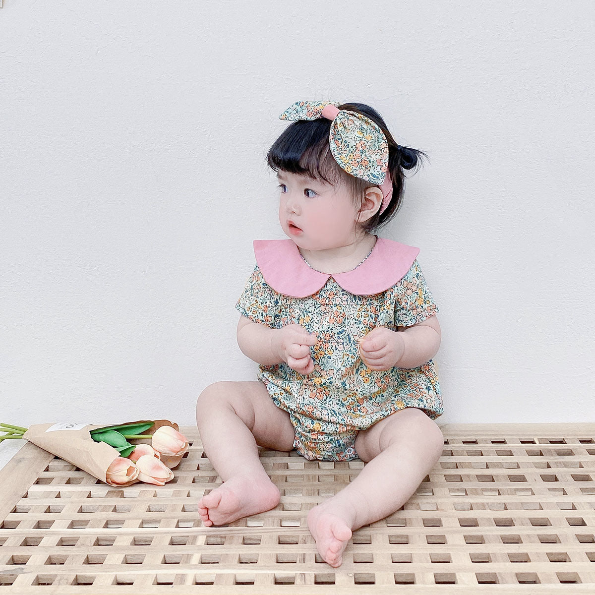Baby Kid Girls Flower Print Rompers Headwear