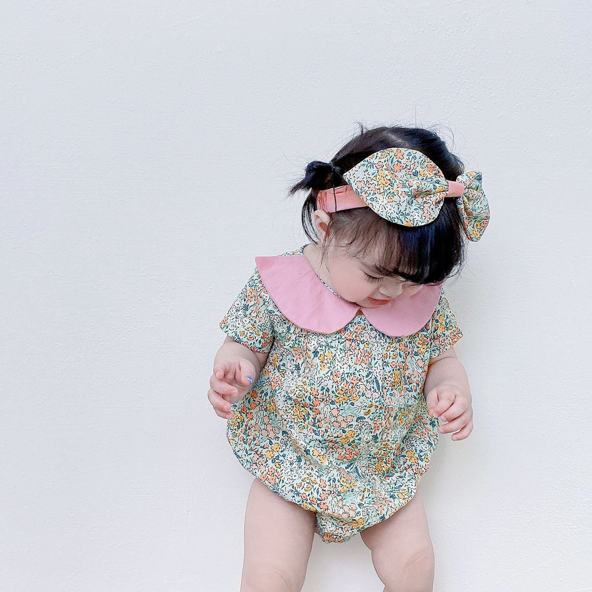Baby Kid Girls Flower Print Rompers Headwear