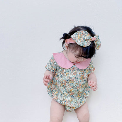 Baby Kid Girls Flower Print Rompers Headwear