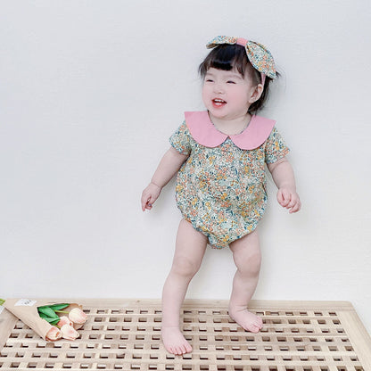 Baby Kid Girls Flower Print Rompers Headwear