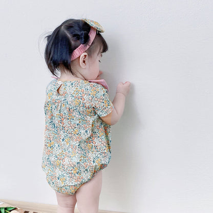 Baby Kid Girls Flower Print Rompers Headwear