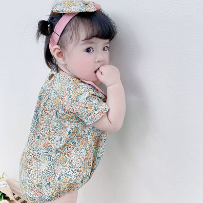 Baby Kid Girls Flower Print Rompers Headwear